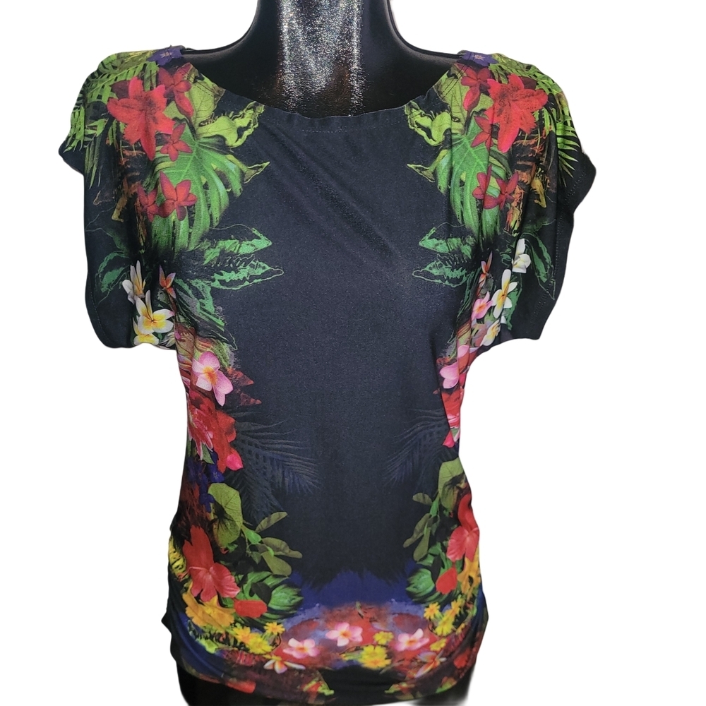 Suzy Shier Floral Black Short Sleeve Cold Shoulder Top Size M